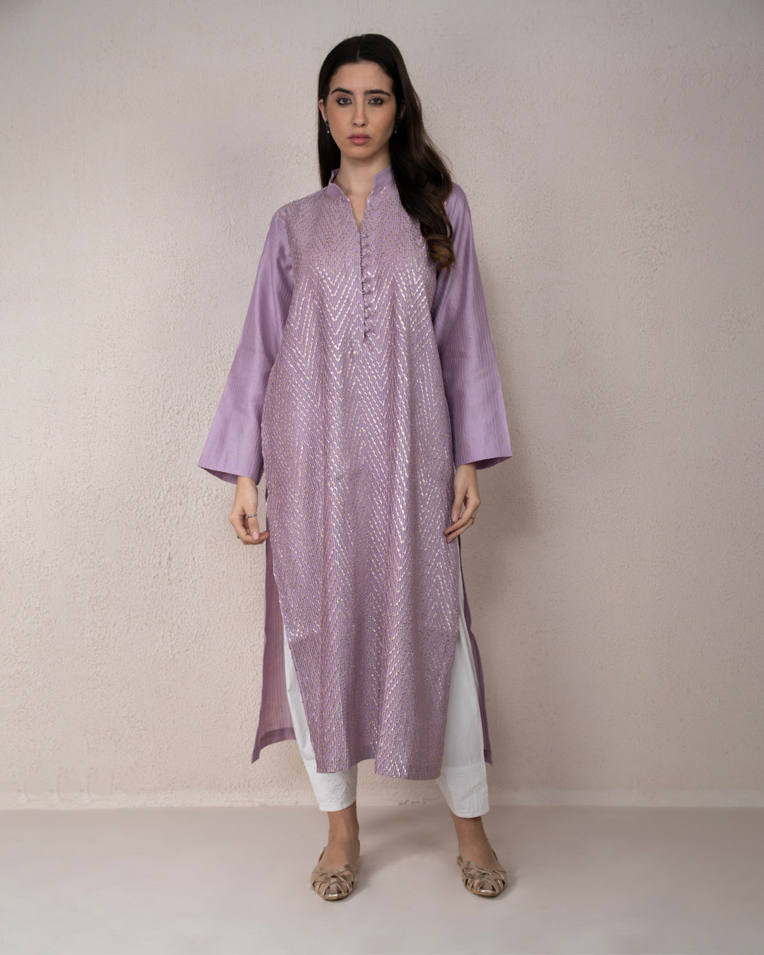 Silver Gota Pintex Lavender Kurta