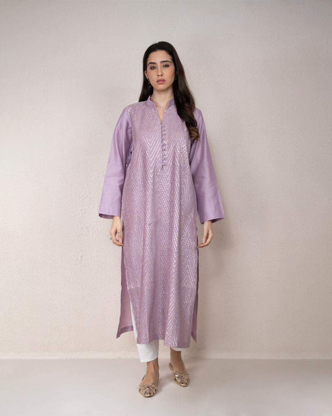 Silver Gota Pintex Lavender Kurta