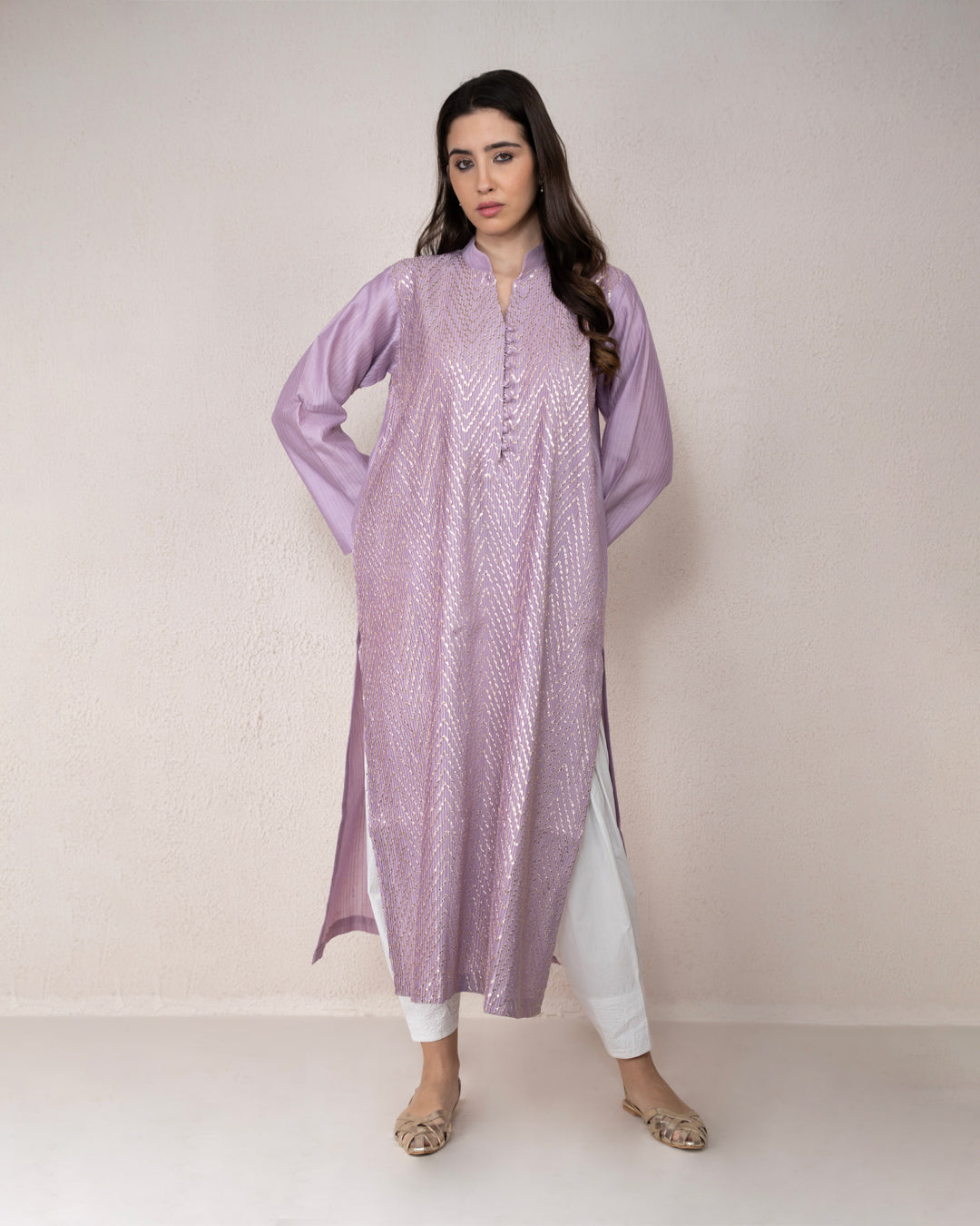 Silver Gota Pintex Lavender Kurta