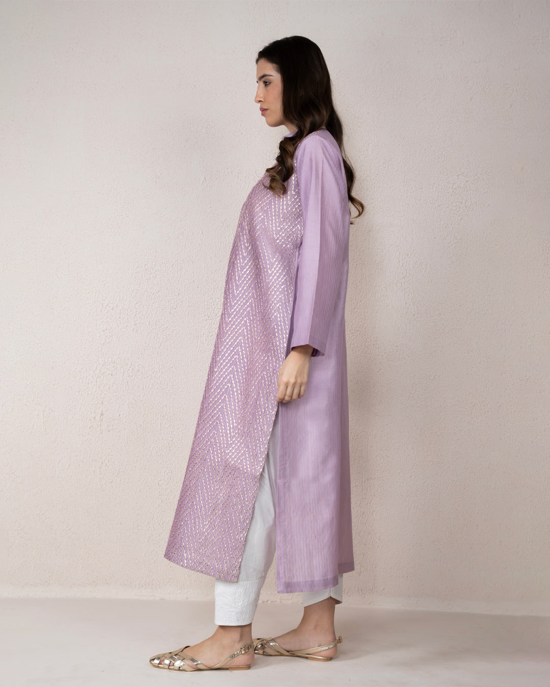 Silver Gota Pintex Lavender Kurta