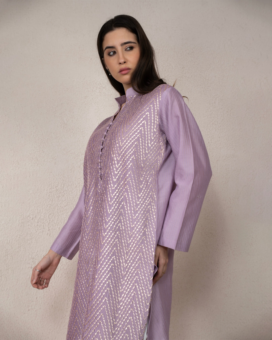 Silver Gota Pintex Lavender Kurta